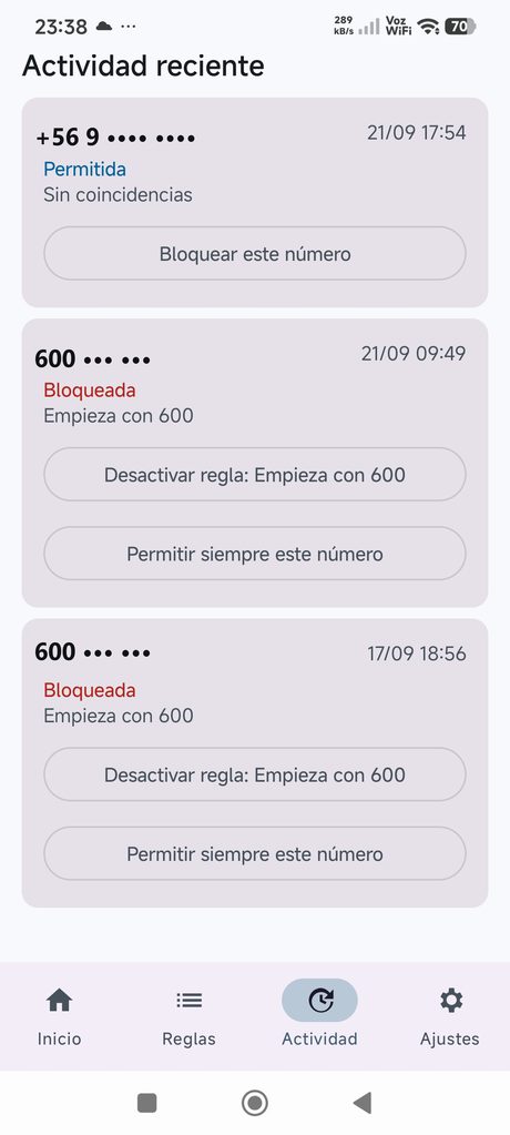 Captura real de Barrera — pantalla de Actividad reciente, con el historial de llamadas permitidas y bloqueadas