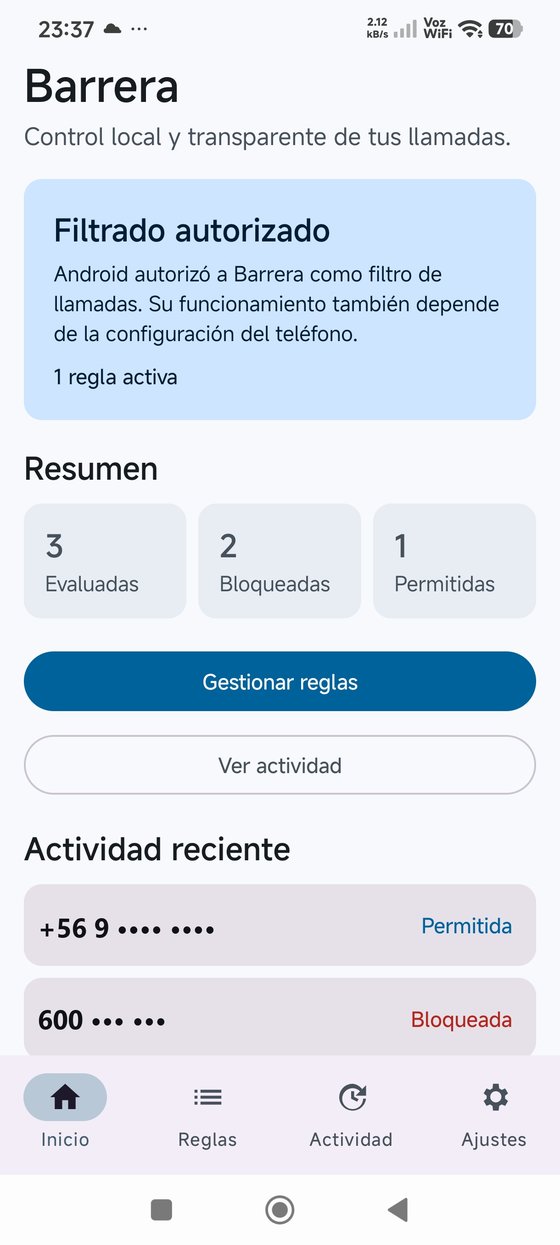 Captura real de Barrera — pantalla de Inicio, con el resumen de llamadas evaluadas, bloqueadas y permitidas