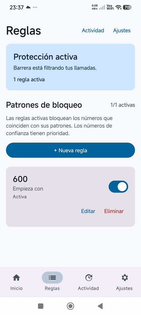 Captura real de Barrera — pantalla de Reglas de bloqueo, con un patrón activo y el botón para crear una nueva regla